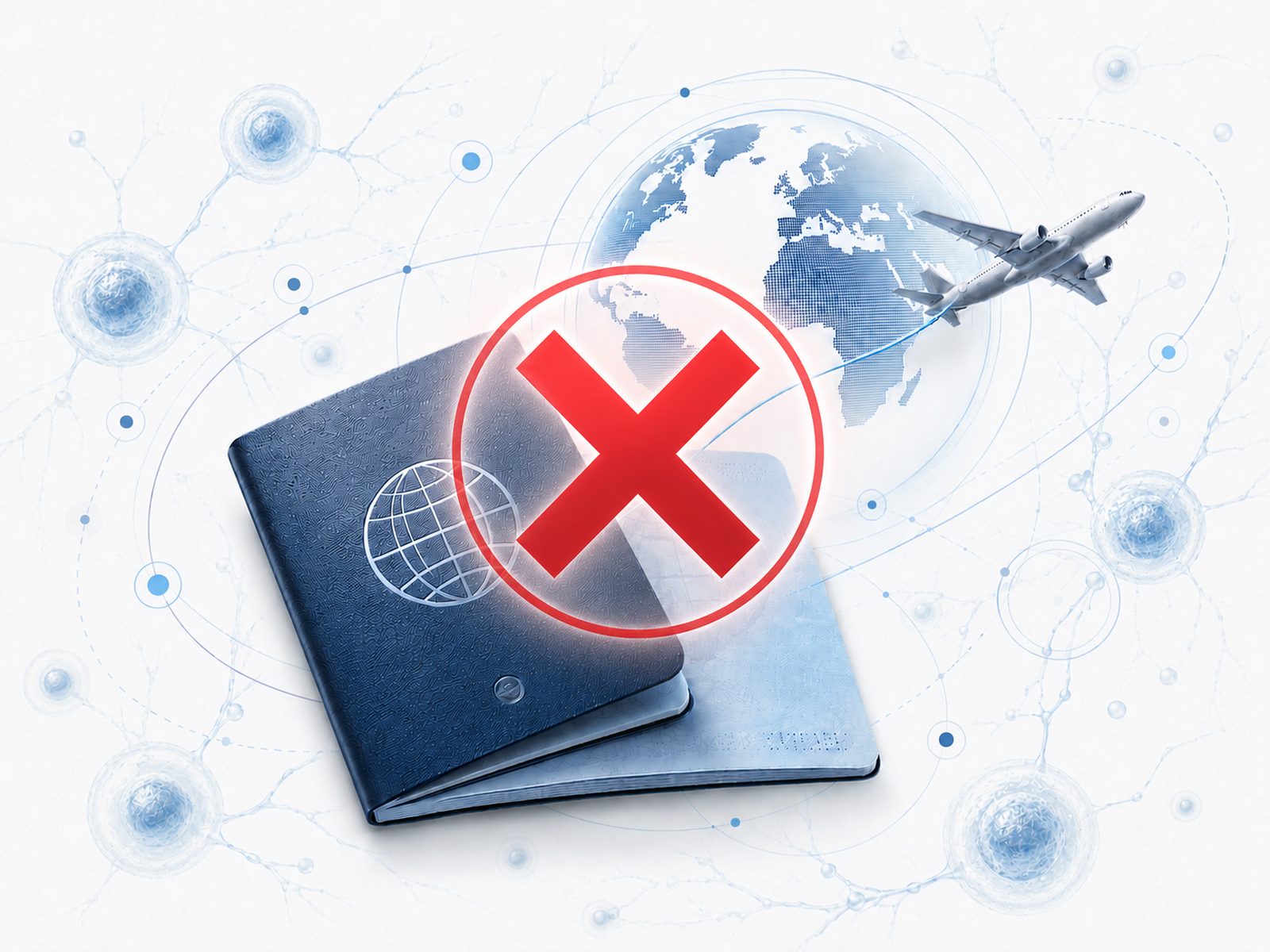 Passports and an airplane circling a globe marked with a red X, illustrating no need to travel abroad for stem cell treatment